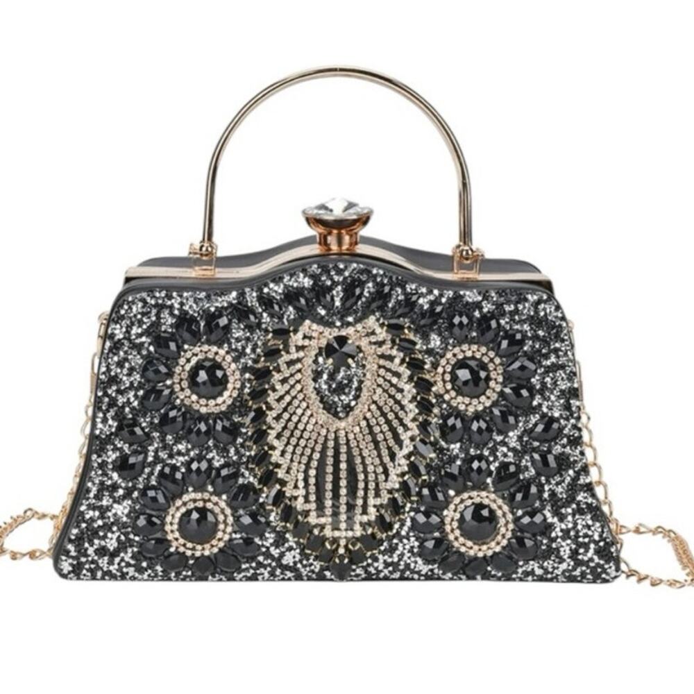 Miggie D Black, Gold & Clear Beaded Handbag w/Shoulder Chain Strap